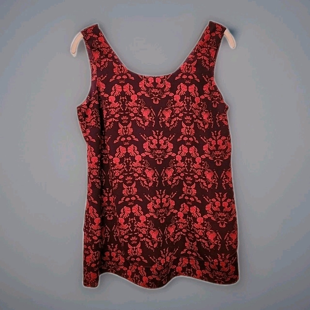 CAbi Women's Small Cameo Print Tank Purple Red Curtain Back Romantic Boho #3258